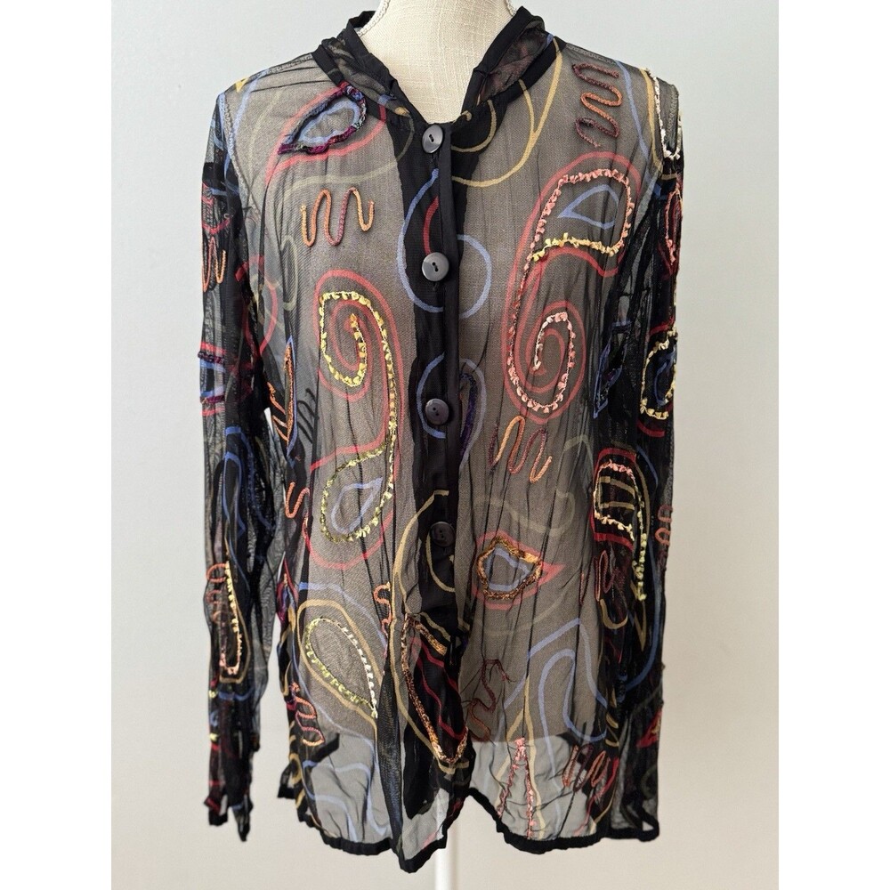 Vintage Tantrums Black‎ Sheer Embroidered Paisley Open Shirt Size 1X Art to Wear